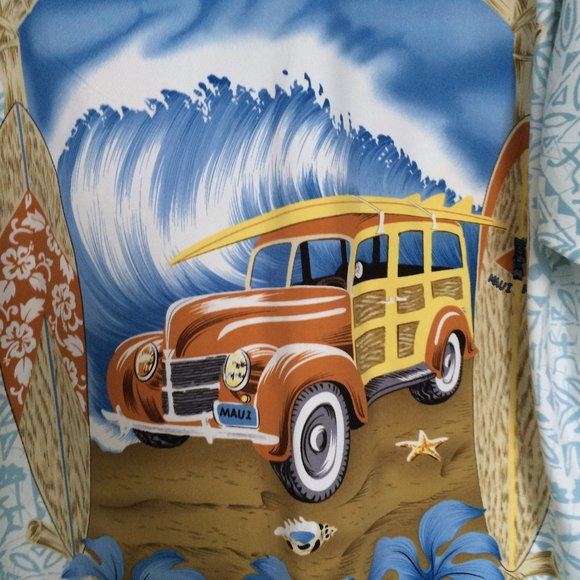 Maui Maui Hawaiian Button Shirt Large Woody Wagon Surf Board Truck Hibiscus Leaf - Picture 3 of 8